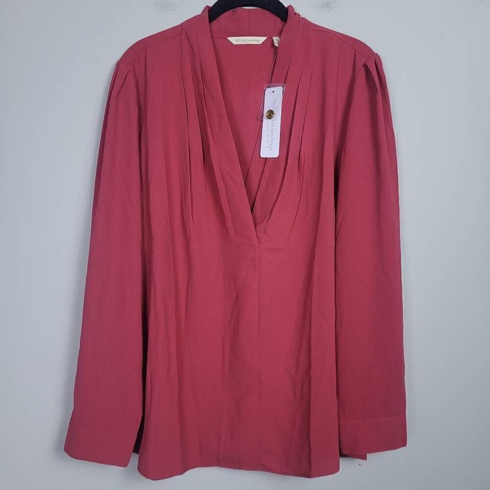 Soft Surroundings Womens Large Akira Blouse Garnet Pleated Long Sleeve NWT
